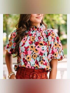 THML Treat You Right Multicolor Floral Smocked Neck Puff Sleeve Blouse Size XS